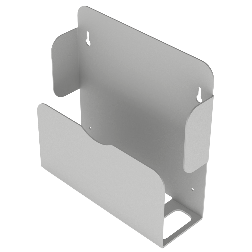 Bed Pan holder, Beige ABS Plastic, Single, Wall mount. Front facing, slightly angled left to reveal slot for urinal hook, empty