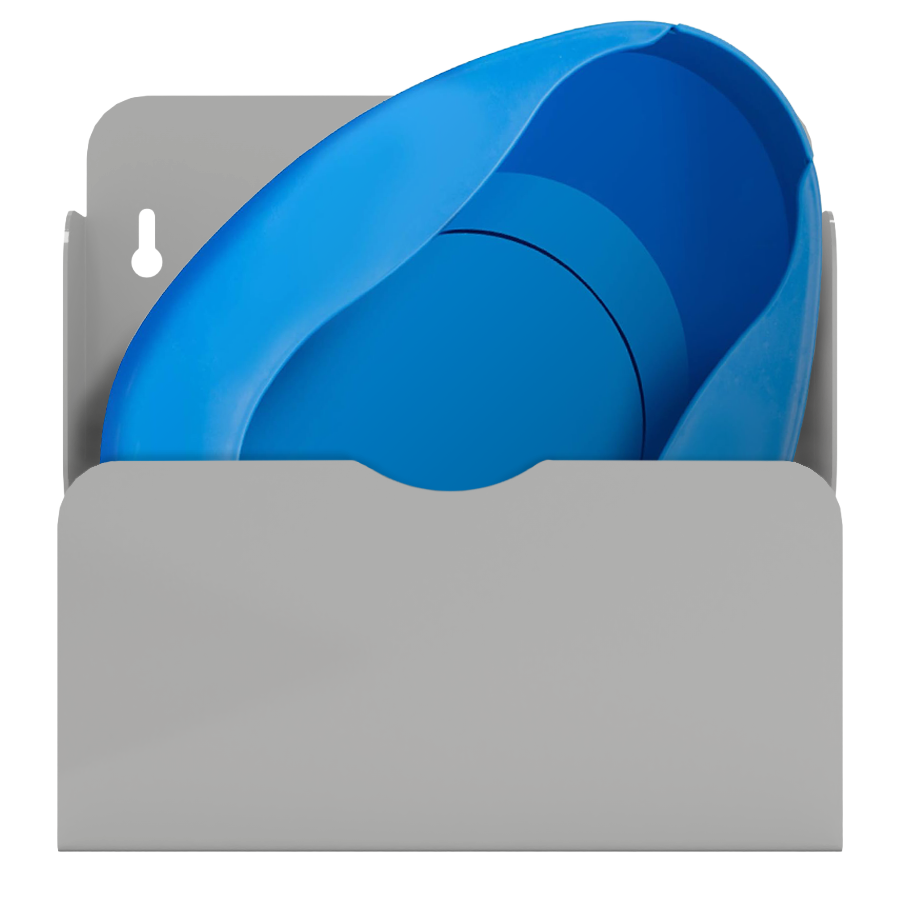 Bed Pan holder, Beige metal, Single, Wall mount. Front facing with one blue bedpan and has slots for up to 2 urinals or specimen containers