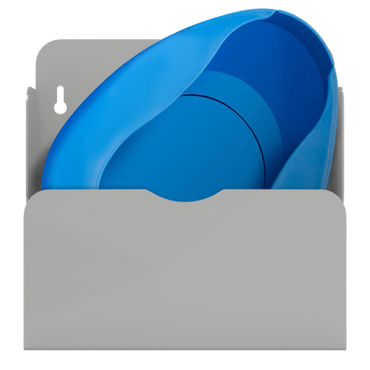 Bed Pan holder, Beige metal, Single, Wall mount. Front facing with one blue bedpan and has slots for up to 2 urinals or specimen containers
