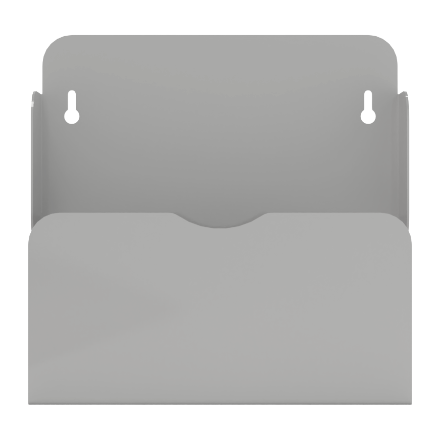 Bed Pan holder, Beige metal, Single, Wall mount. holds one bedpan and up to 2 urinals. Empty, front facing. 
