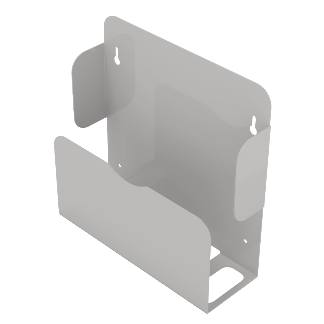 Bed Pan holder, Beige metal, Single, Wall mount. holds one bedpan and up to 2 urinals. Empty, front facing slightly angled left showing one urinal slot. 