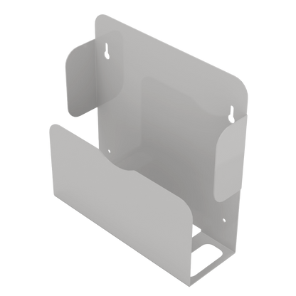Bed Pan holder, Beige metal, Single, Wall mount. holds one bedpan and up to 2 urinals. Empty, front facing slightly angled left showing one urinal slot. 