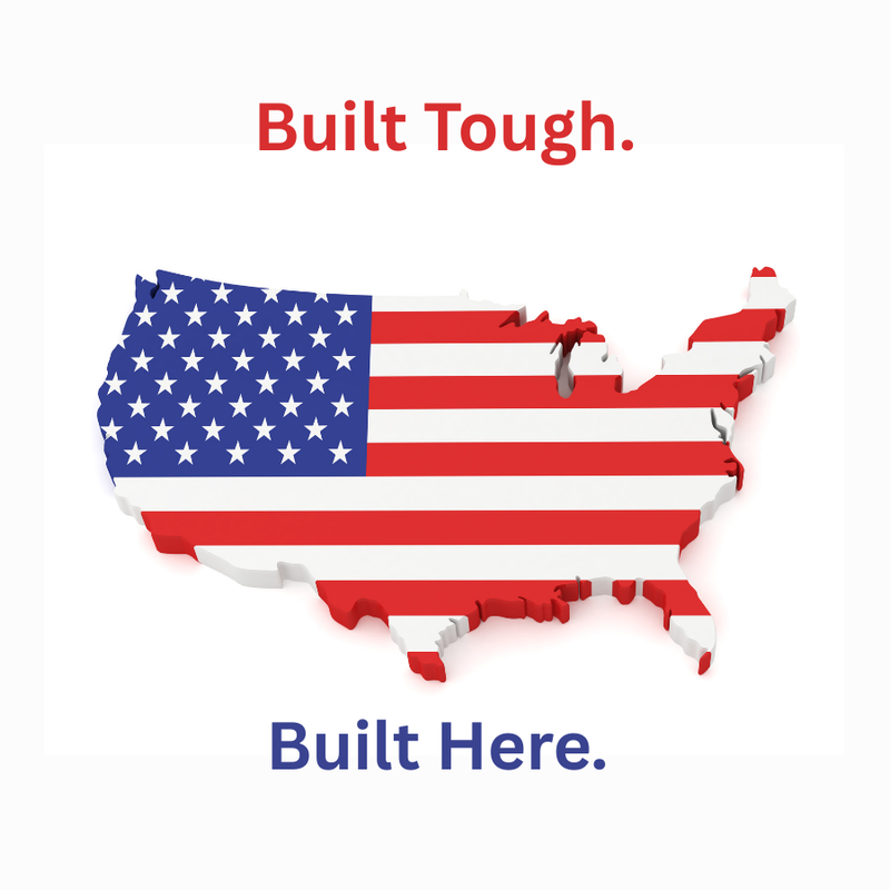 Map of the United States with American flag design, featuring 'Built Tough. Built Here.' text on a white background.