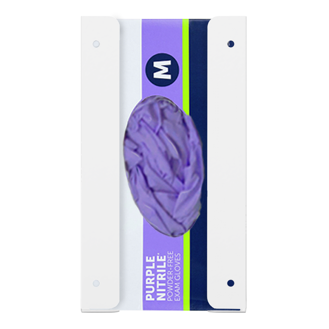 Glove Dispenser. Single, White Steel, cabinet mount, with through-holes to mount to the inside of a cabinet door. Front facing with box of purple nitrile gloves