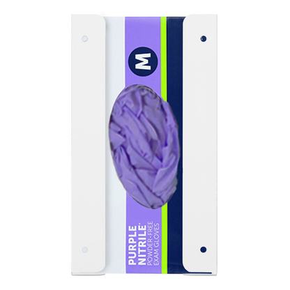 Glove Dispenser. Single, White Steel, cabinet mount, with through-holes to mount to the inside of a cabinet door. Front facing with box of purple nitrile gloves