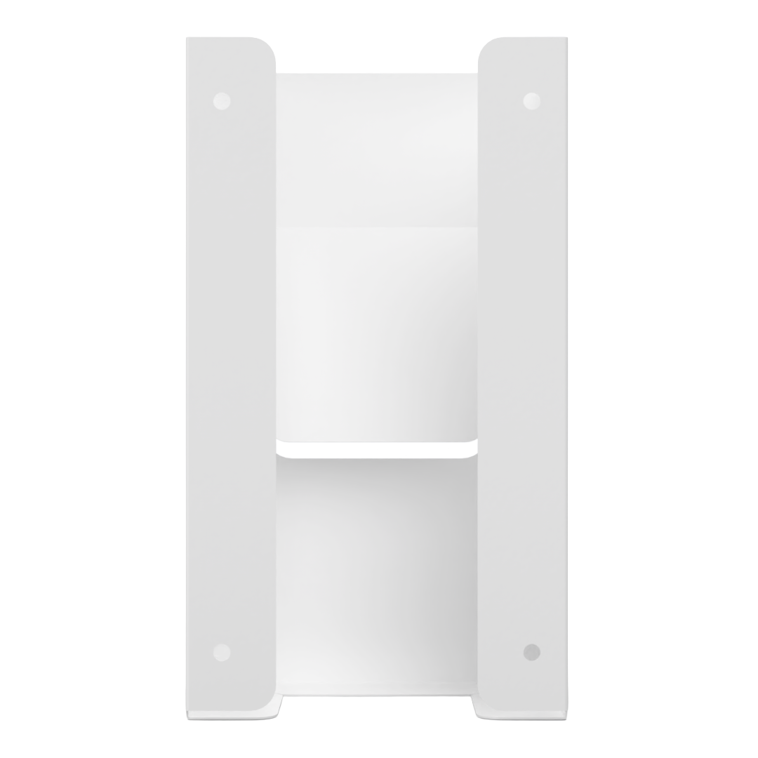 Glove Dispenser. Single, White Steel, cabinet mount, with through-holes to mount to the inside of a cabinet door. Front facing, empty, with back spring visible