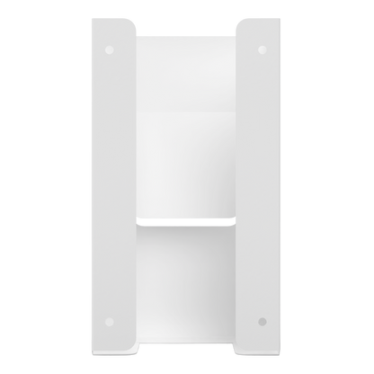 Glove Dispenser. Single, White Steel, cabinet mount, with through-holes to mount to the inside of a cabinet door. Front facing, empty, with back spring visible