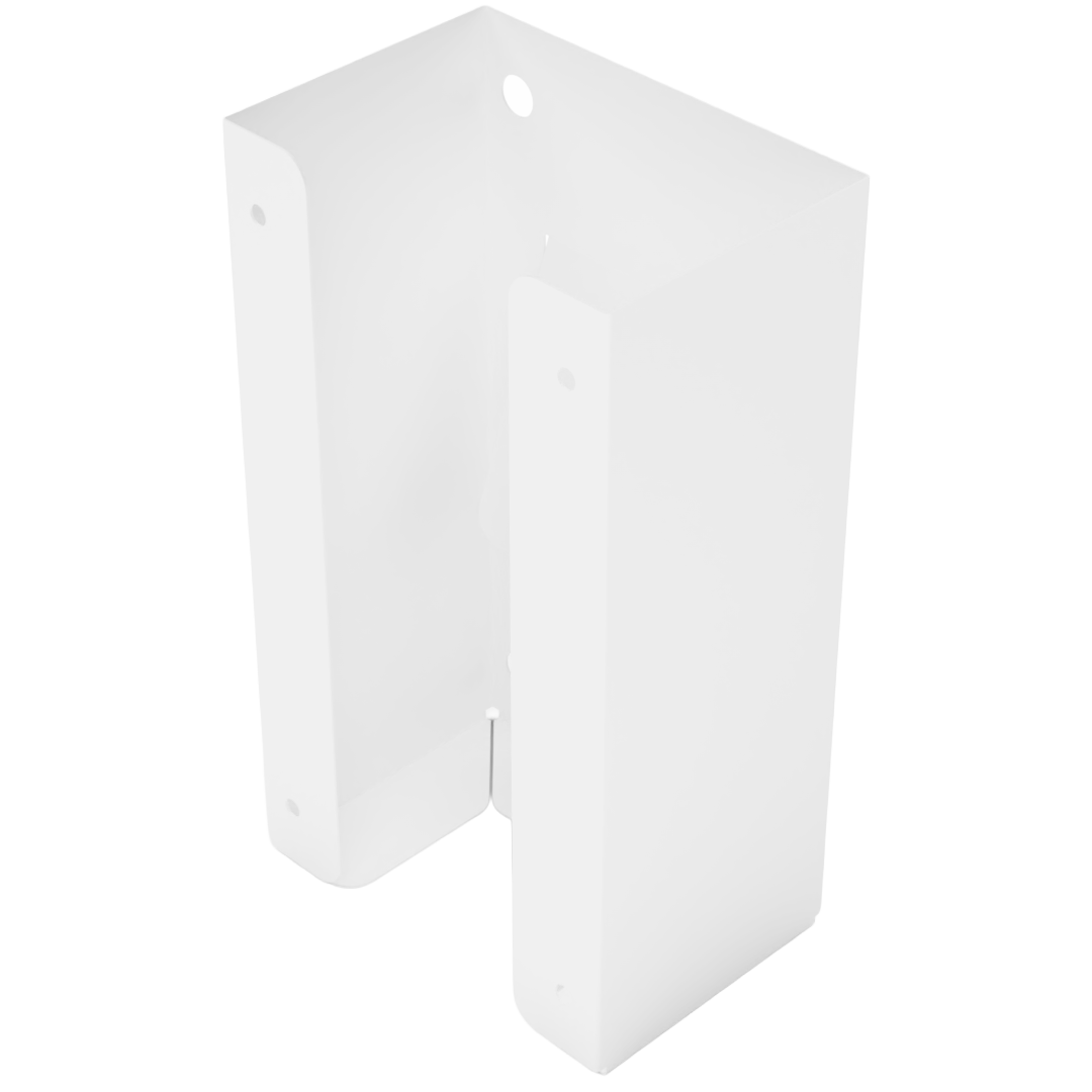 Glove Dispenser. Single, White Steel, cabinet mount, with through-holes to mount to the inside of a cabinet door. Empty, front facing slightly angled left.