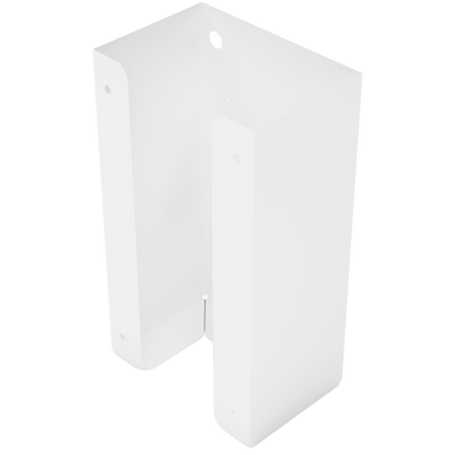 Glove Dispenser. Single, White Steel, cabinet mount, with through-holes to mount to the inside of a cabinet door. Empty, front facing slightly angled left.