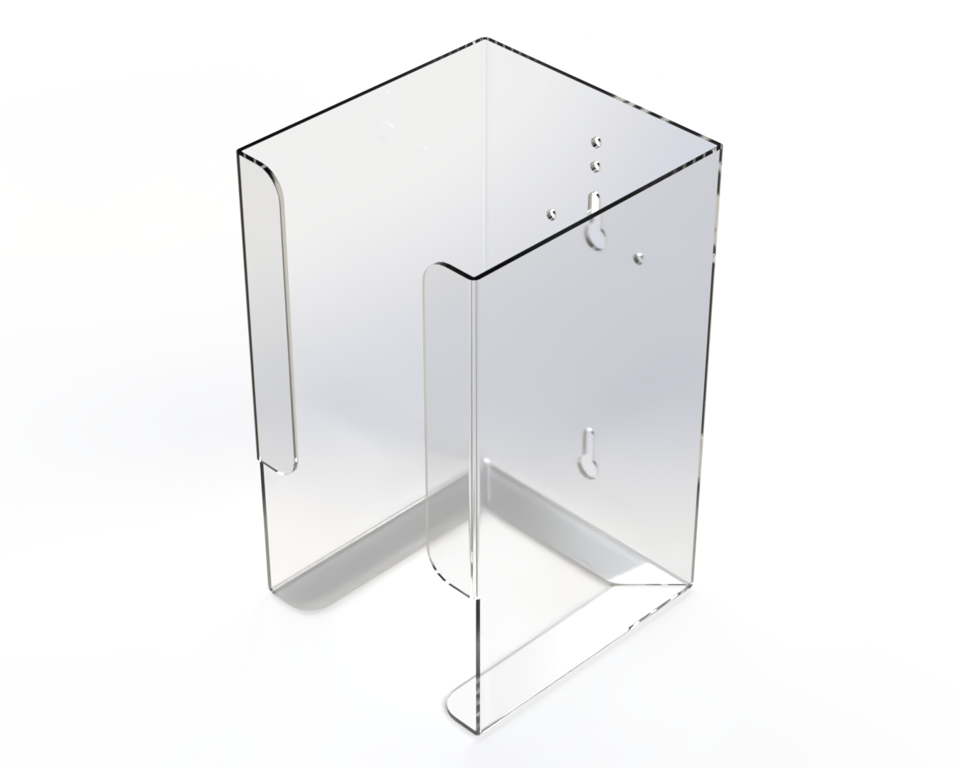 Clear holder for scrub brush boxes. Empty and angled slightly left.