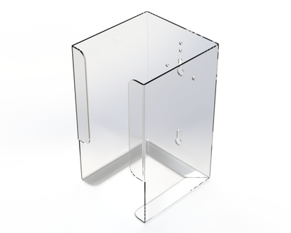 Clear holder for scrub brush boxes. Empty and angled slightly left.