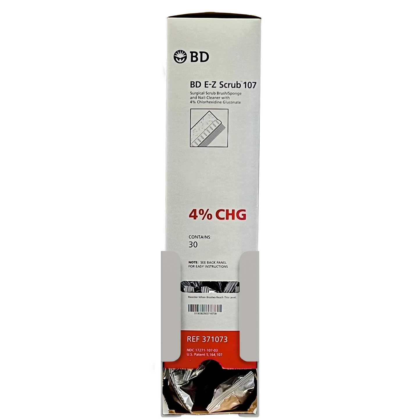 Beige plastic dispenser with bottom opening for scrub brushes in a box.