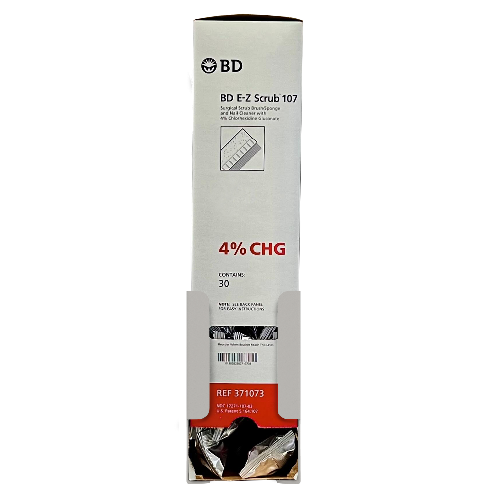 Beige plastic dispenser with bottom opening for scrub brushes in a box.