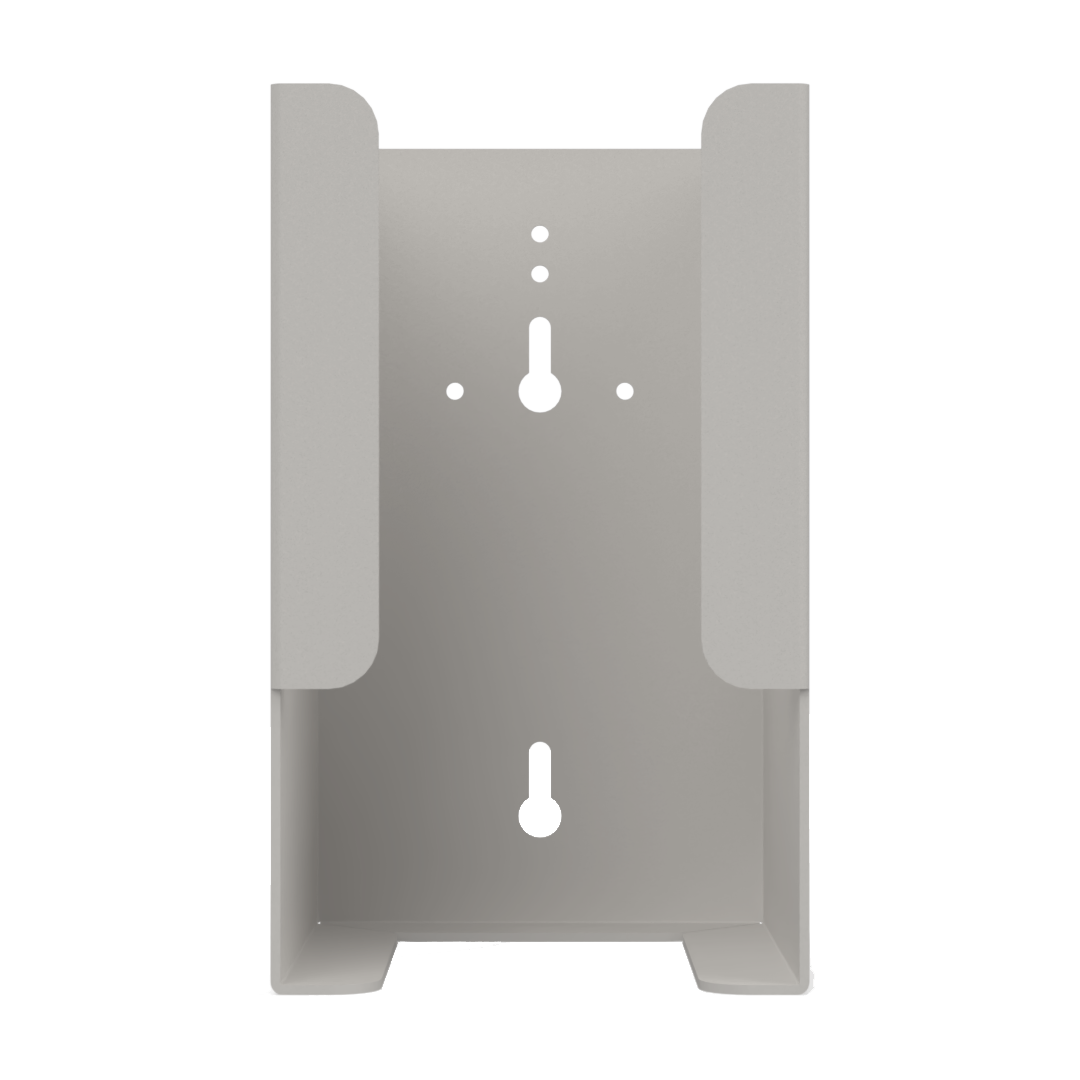 Beige plastic dispenser with bottom opening for scrub brushes in a box. empty unit.