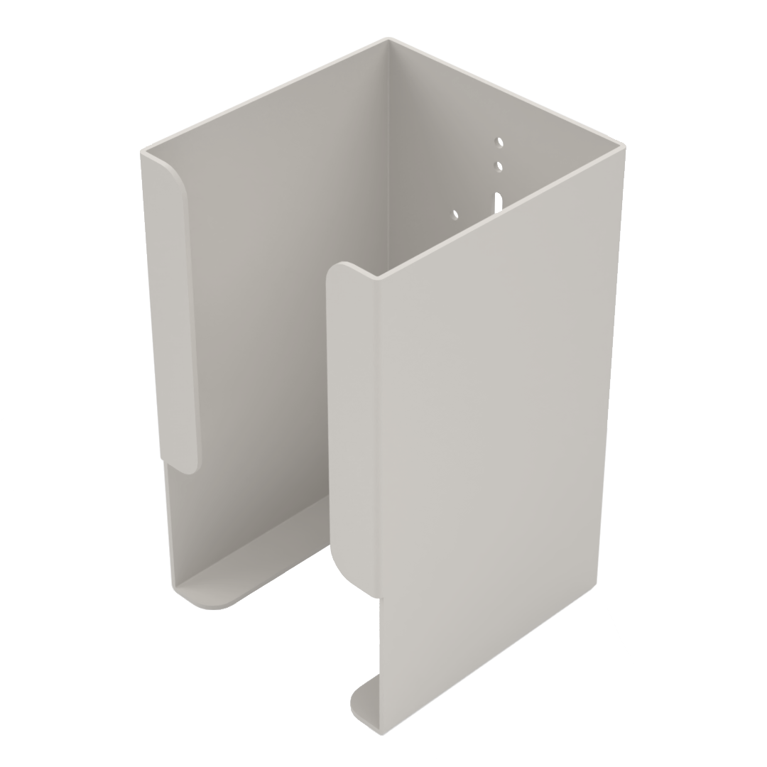 Beige plastic dispenser with bottom opening for scrub brushes in a box. empty unit facing slightly left.