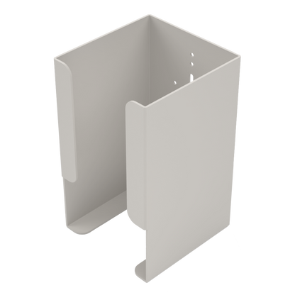 Beige plastic dispenser with bottom opening for scrub brushes in a box. empty unit facing slightly left.