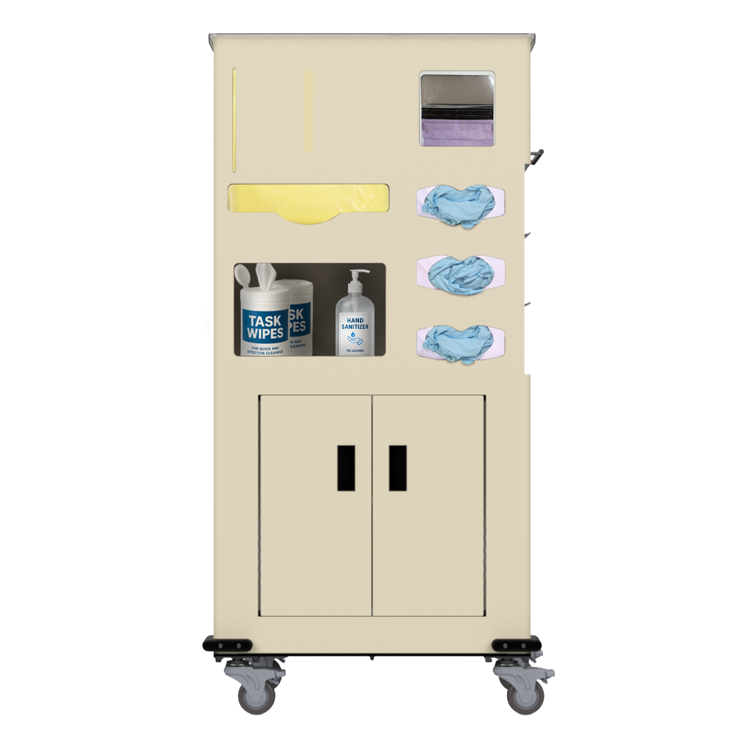 Yellow, standing dispensing, isolation cart with 6 compartments, filled with consumables and front facing. 2 doors on bottom storage section. Five of the compartments hold yellow gowns, one box of shield-style face masks and three boxes of gloves. The last compartment holds two canisters of task wipes and a large bottle of hand sanitizer.
