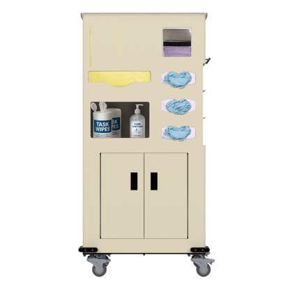 Yellow, standing dispensing, isolation cart with 6 compartments, filled with consumables and front facing. 2 doors on bottom storage section. Five of the compartments hold yellow gowns, one box of shield-style face masks and three boxes of gloves. The last compartment holds two canisters of task wipes and a large bottle of hand sanitizer.
