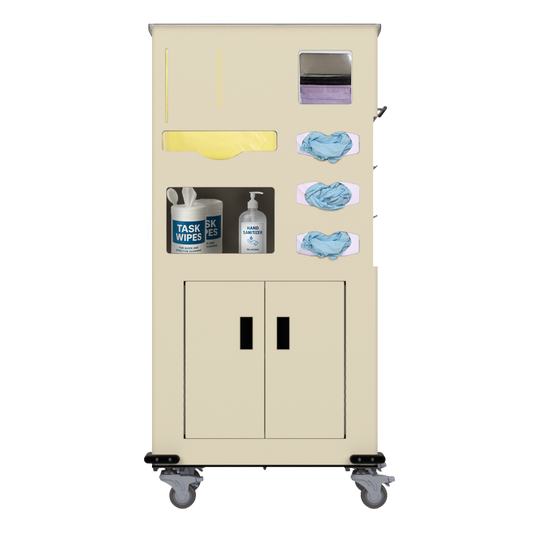 Yellow, standing dispensing, isolation cart with 6 compartments, filled with consumables and front facing. 2 doors on bottom storage section. Five of the compartments hold yellow gowns, one box of shield-style face masks and three boxes of gloves. The last compartment holds two canisters of task wipes and a large bottle of hand sanitizer.
