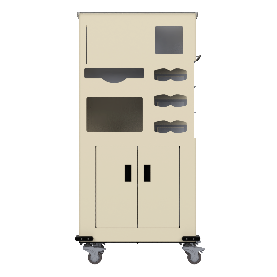 Yellow, standing dispensing, isolation cart with 6 compartments, empty and front facing. 2 doors on bottom storage section