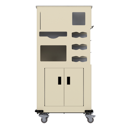 Yellow, standing dispensing, isolation cart with 6 compartments, empty and front facing. 2 doors on bottom storage section
