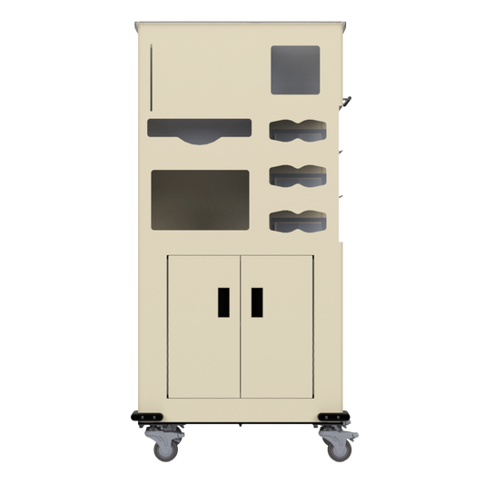 Yellow, standing dispensing, isolation cart with 6 compartments, empty and front facing. 2 doors on bottom storage section