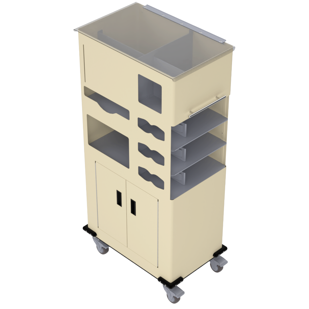 Yellow, standing dispensing, isolation cart with 6 compartments, empty and angled slightly left. 2 doors on bottom storage section