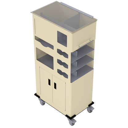 Yellow, standing dispensing, isolation cart with 6 compartments, empty and angled slightly left. 2 doors on bottom storage section