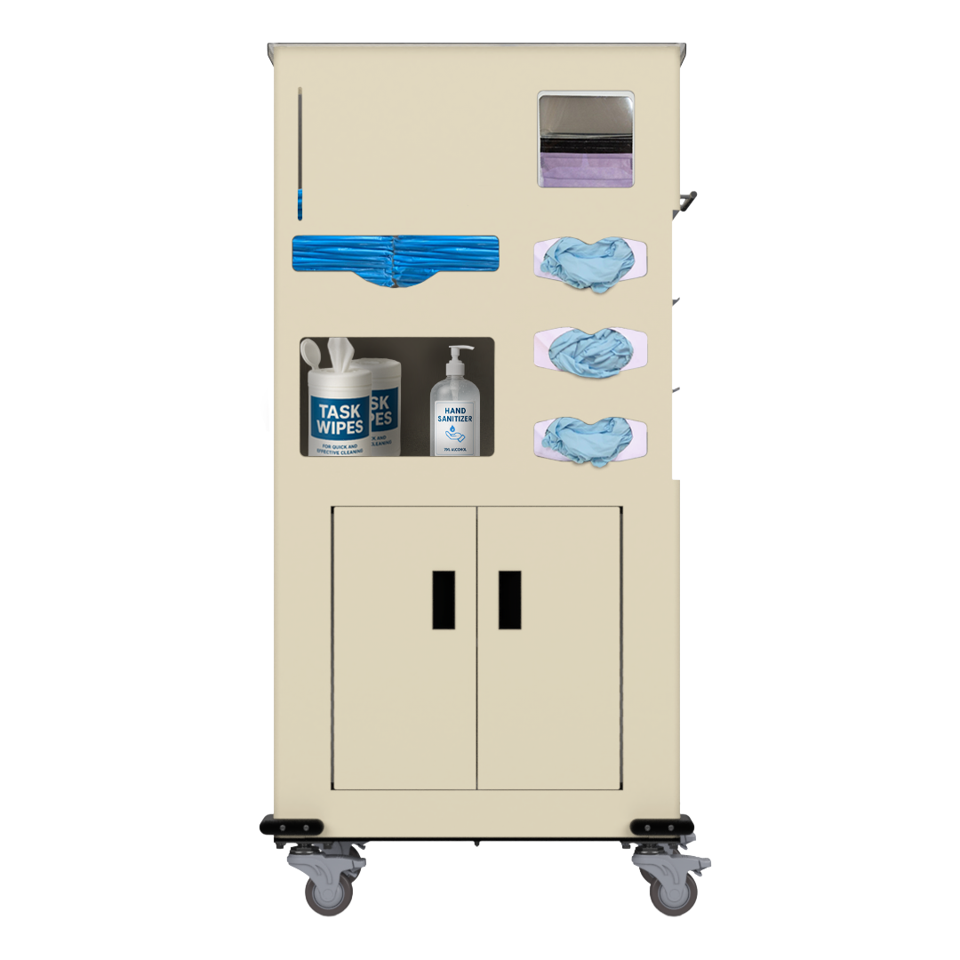 Yellow, standing dispensing, isolation cart with 6 compartments, filled with consumables and front facing. 2 doors on bottom storage section. Five of the compartments hold blue thumb-loop gowns, one box of shield-style face masks and three boxes of gloves. The last compartment holds two canisters of task wipes and a large bottle of hand sanitizer.