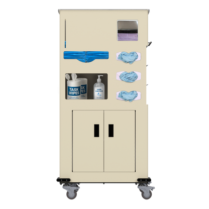 Yellow, standing dispensing, isolation cart with 6 compartments, filled with consumables and front facing. 2 doors on bottom storage section. Five of the compartments hold blue thumb-loop gowns, one box of shield-style face masks and three boxes of gloves. The last compartment holds two canisters of task wipes and a large bottle of hand sanitizer.