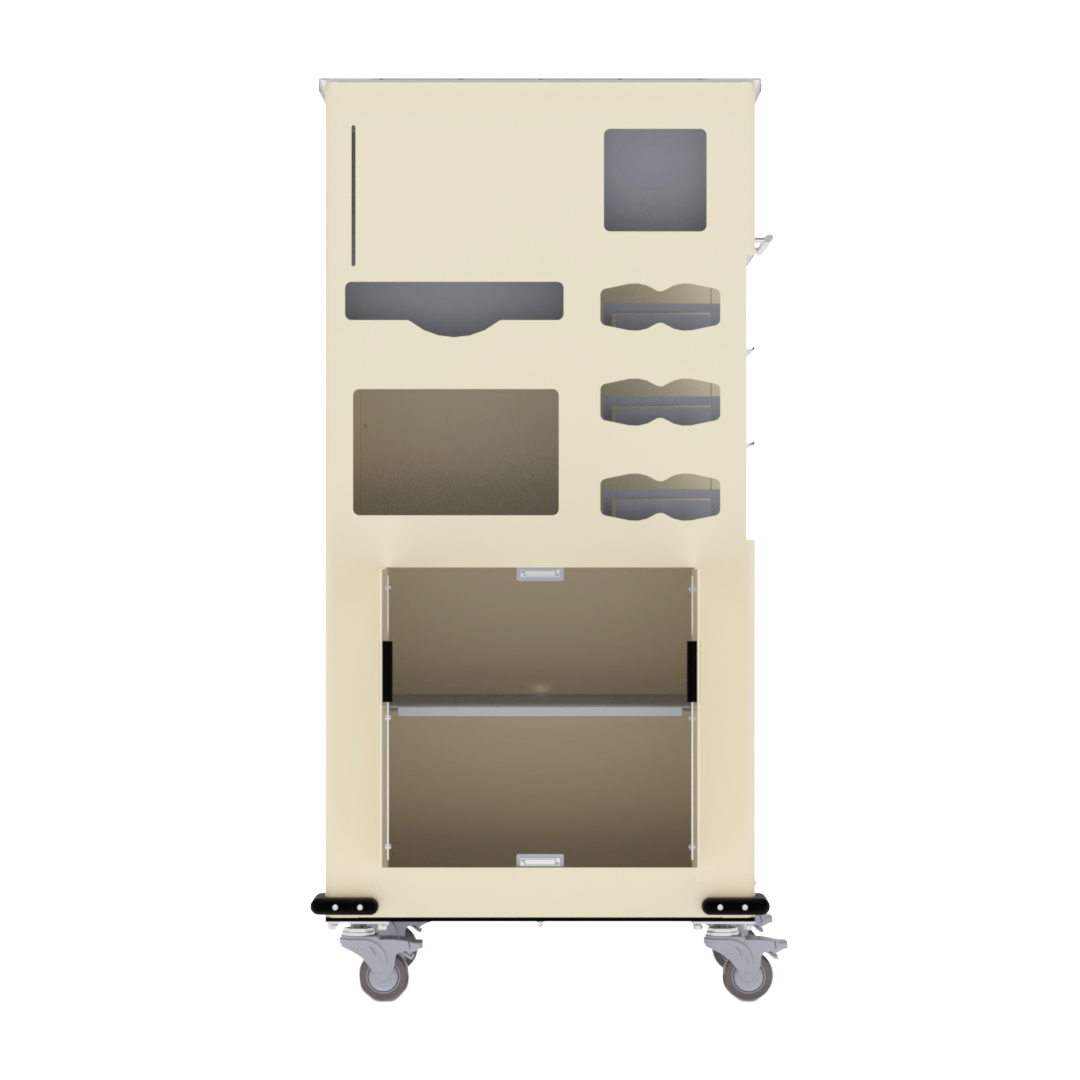 Yellow, standing dispensing, isolation cart with 6 compartments, empty and front facing. 2 doors on bottom storage section with doors open showing shelving.