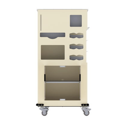 Yellow, standing dispensing, isolation cart with 6 compartments, empty and front facing. 2 doors on bottom storage section with doors open showing shelving.