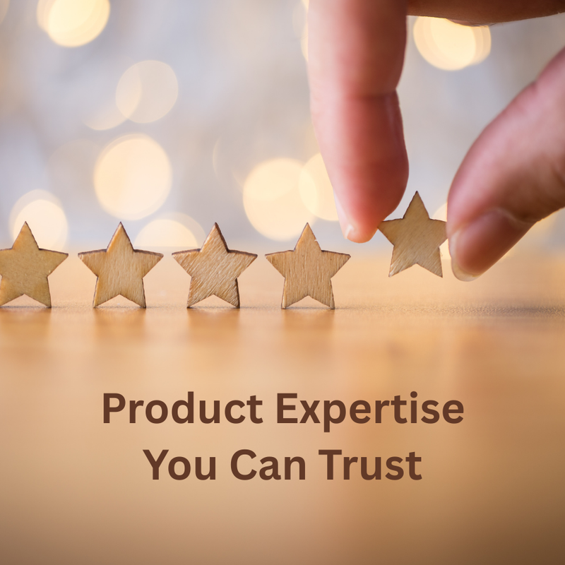 Hand placing a star on a row of wooden stars with 'Product Expertise You Can Trust' text.