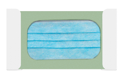 White, steel, mask dispenser, front facing with one box of blue earloop masks. 