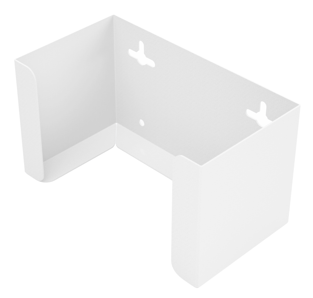 White, steel, mask dispenser, front facing and angled slightly left, empty.  