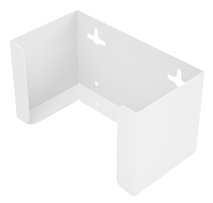 White, steel, mask dispenser, front facing and angled slightly left, empty.  