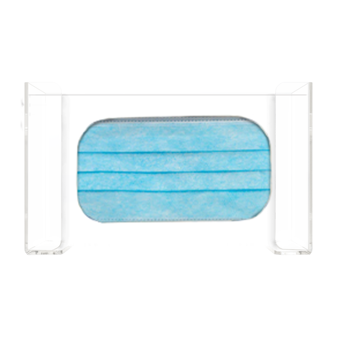 Face Mask Dispenser, Single, Clear PETG, wall mount. Front facing and filled with a box of blue earloop masks