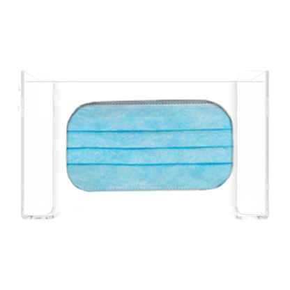 Face Mask Dispenser, Single, Clear PETG, wall mount. Front facing and filled with a box of blue earloop masks