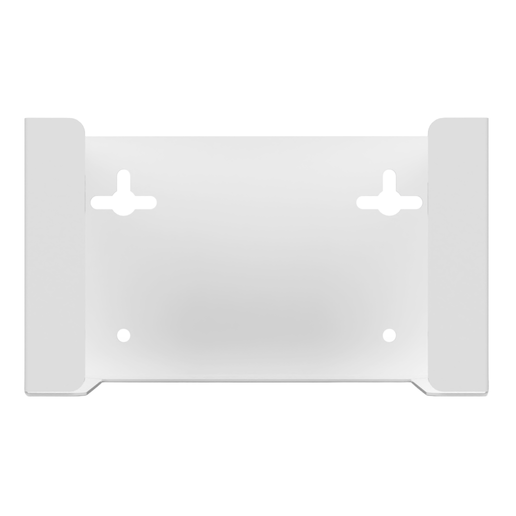 Face Mask Dispenser, Single, White Steel, wall mount. Front facing, empty