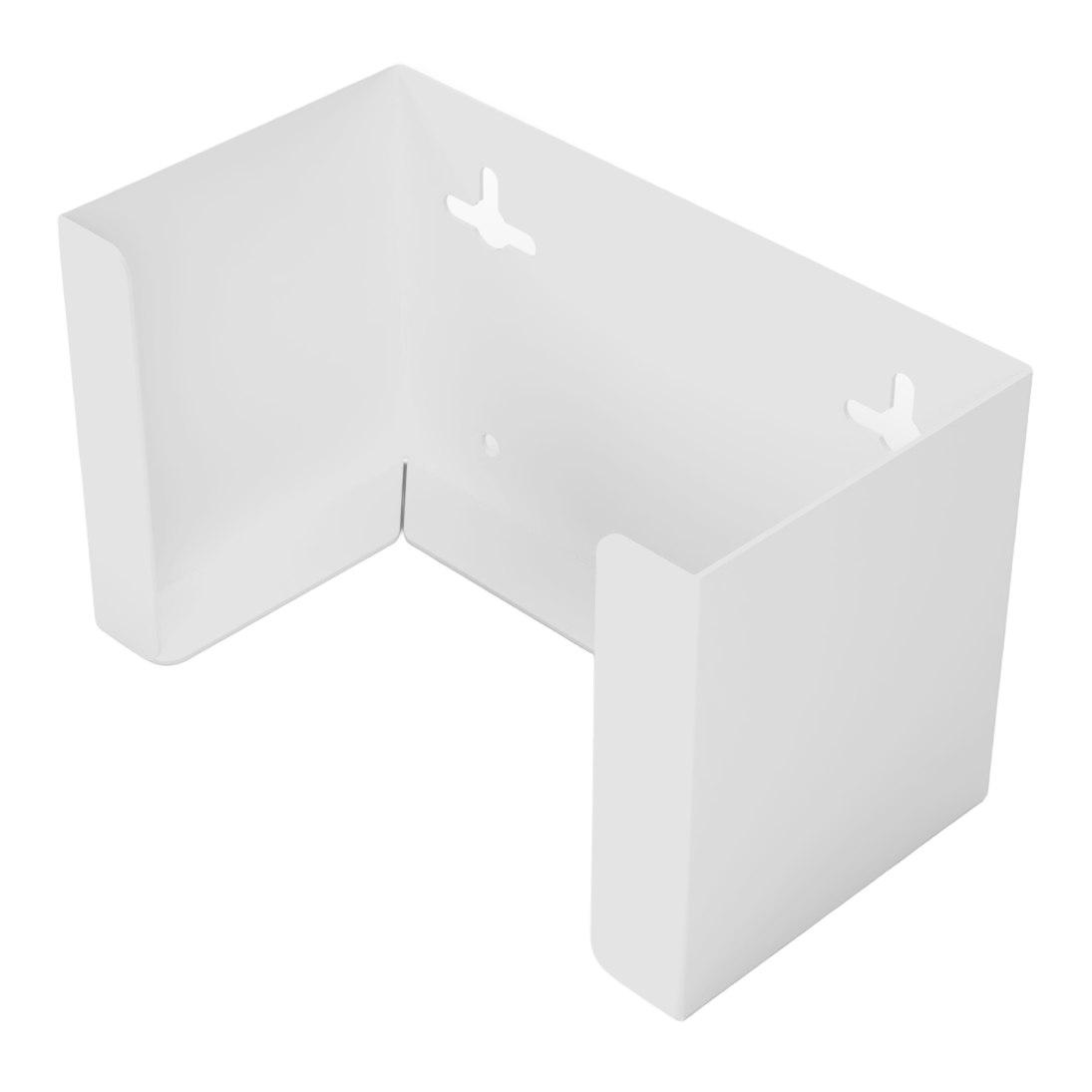 Face Mask Dispenser, Single, White Steel, wall mount. Front facing angled slightly left, empty