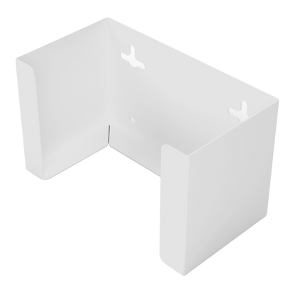 Face Mask Dispenser, Single, White Steel, wall mount. Front facing angled slightly left, empty