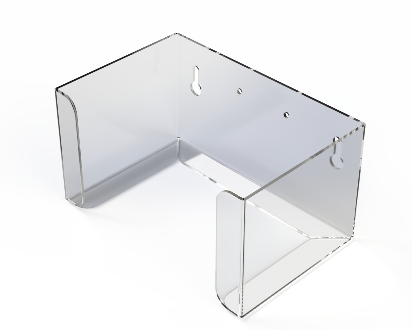 Clear PETG plastic mask dispenser, empty. front facing and angled slightly left.