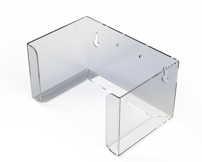 Clear PETG plastic mask dispenser, empty. front facing and angled slightly left.