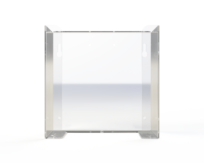 Empty, clear PETG mask dispenser. with holes for mounting or rail to dispense from front lying flat or top. Fits most tie style mask. front facing.