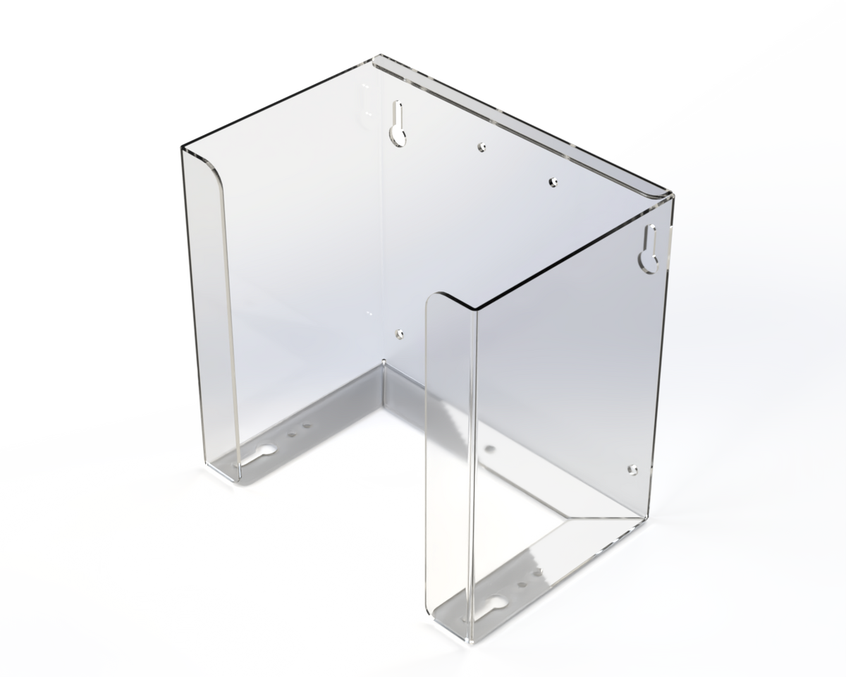 Empty, clear PETG mask dispenser. with holes for mounting or rail to dispense from front lying flat or top. Fits most tie style mask