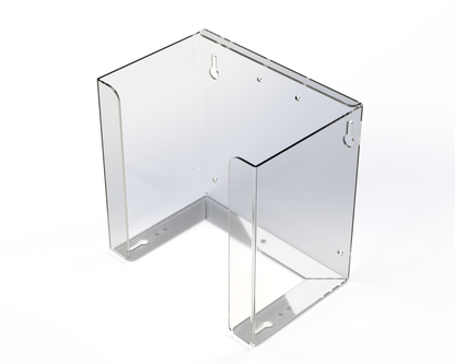 Empty, clear PETG mask dispenser. with holes for mounting or rail to dispense from front lying flat or top. Fits most tie style mask