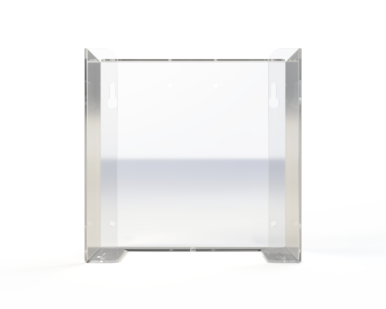 Empty, clear PETG mask dispenser. with holes for mounting or rail to dispense from front lying flat or top. Fits most tie style mask. front facing.