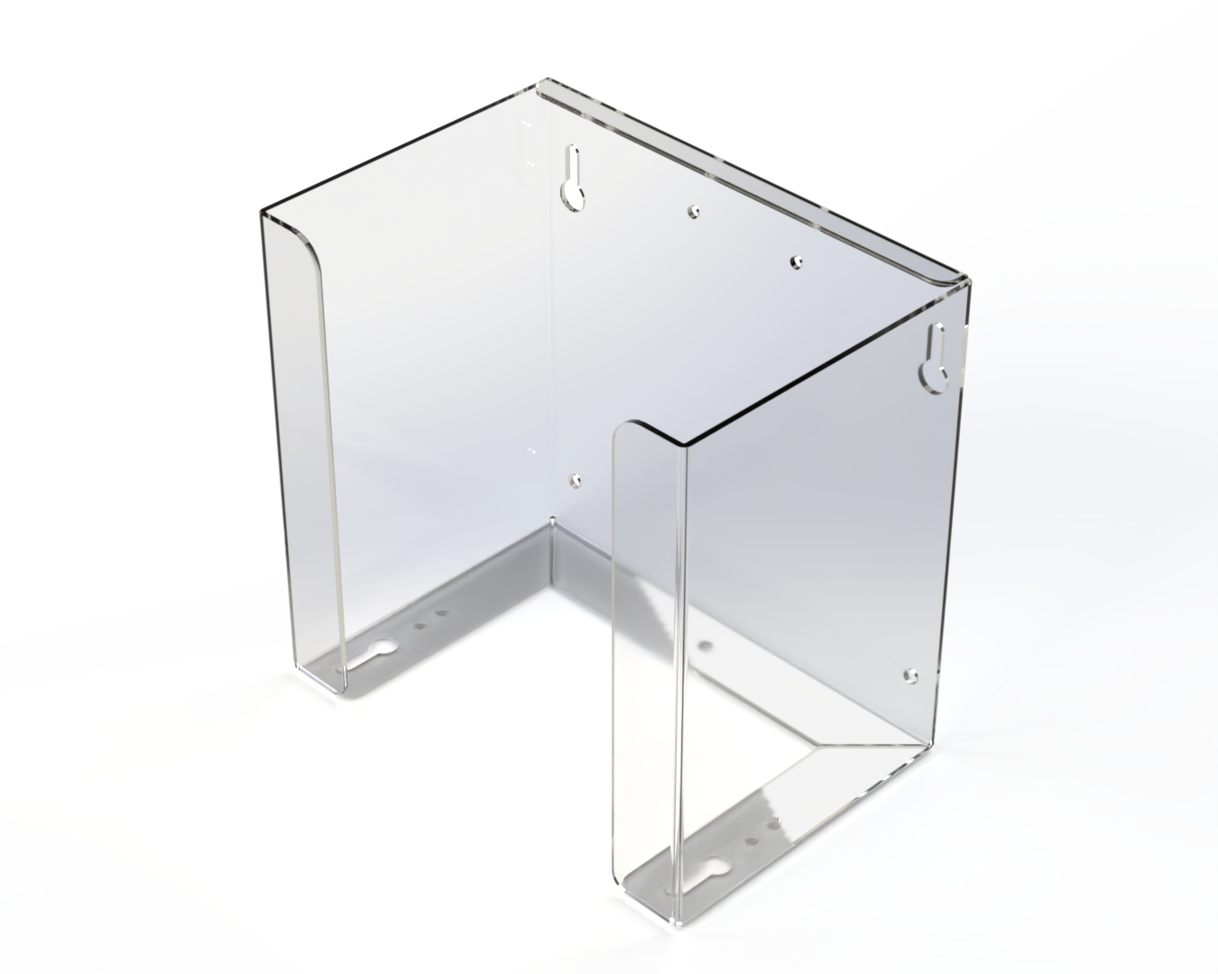 Empty, clear PETG mask dispenser. with holes for mounting or rail to dispense from front lying flat or top. Fits most tie style mask