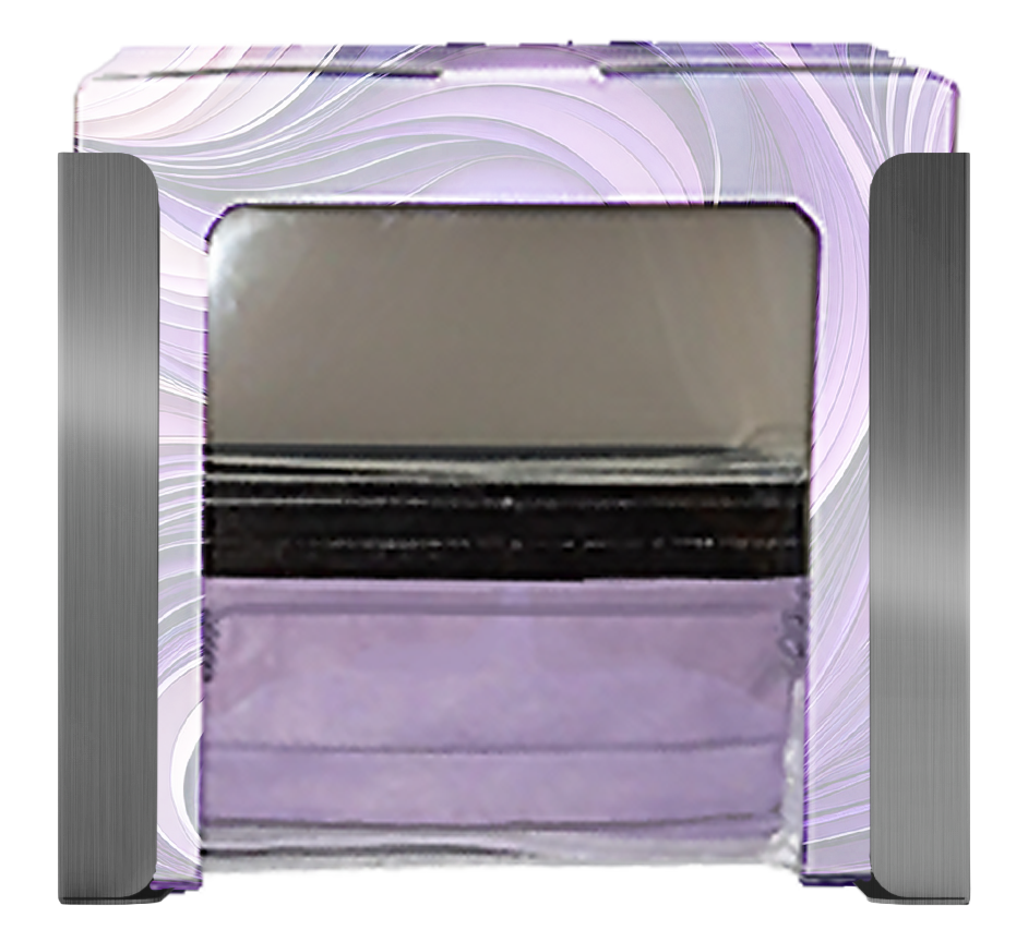 Stainless steel, mask dispenser, front facing with one box of purple faceshields.