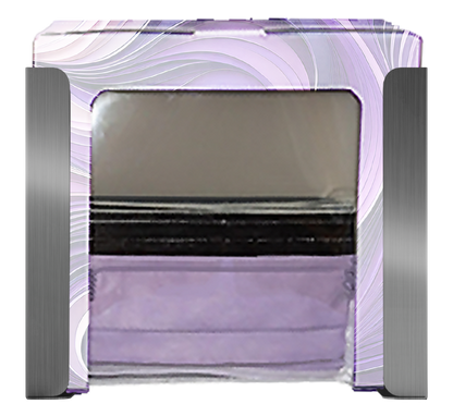 Stainless steel, mask dispenser, front facing with one box of purple faceshields.